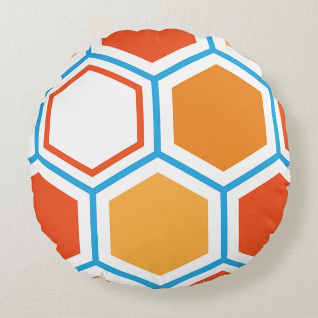 Hexagon in orange, blue and white round pillow (Front)