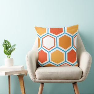 Hexagon in orange, blue and white throw pillow