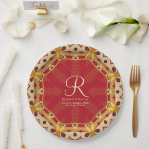 Hexagon Love Red Gold Monogram Custom Name Paper Plate