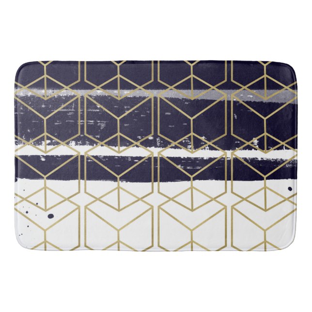Hexagon Modern Navy Blue Gold Geometric Glam Bath Mat (Front)
