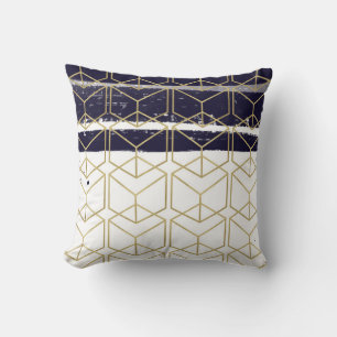Hexagon Modern Navy Blue Gold Geometric Glam Throw Pillow