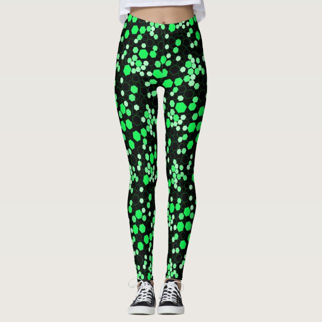 Hexagon pattern 02b.Green Black BG Leggings (Front)