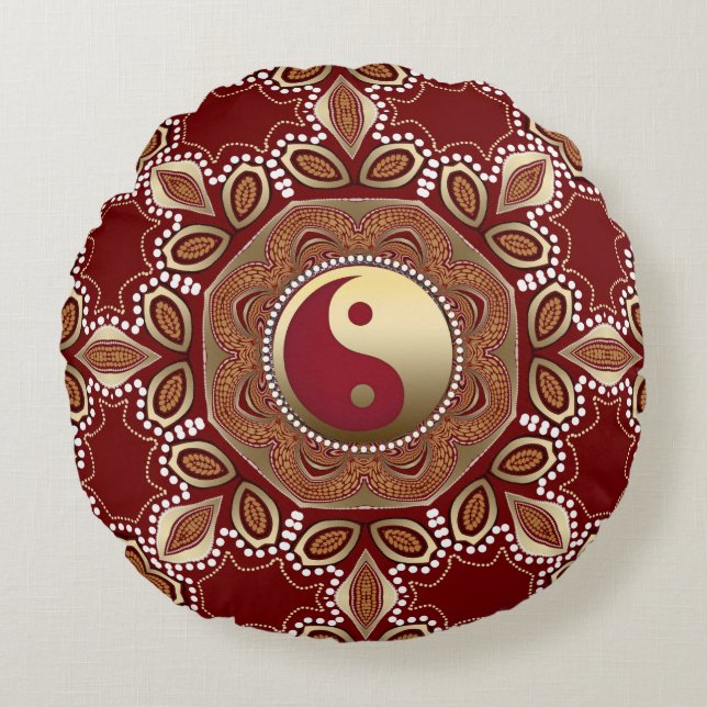 Hexagon Red Earth Gold Yin Yang Feng Shui Mandala Round Pillow (Front)
