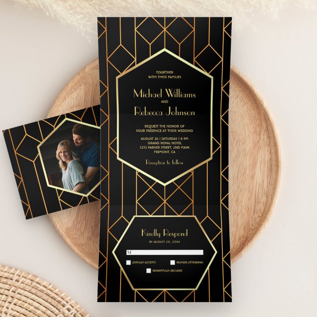 Hexagon Retro Art Deco Black Gold 3 in 1 Wedding Tri-Fold Invitation (Creator Uploaded)