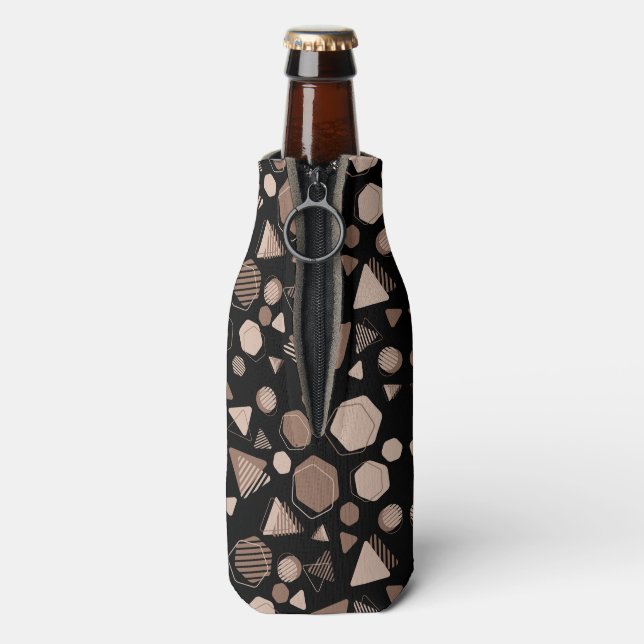 Hexagon & Triangle Pink & Brown on Black Pattern  Bottle Cooler (Bottle Back)