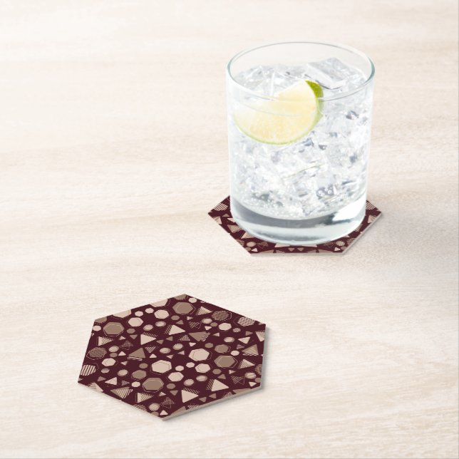 Hexagon & Triangle Pink & Brown on Maroon Pattern  Paper Coaster (Insitu)
