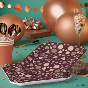Hexagon & Triangle Pink & Brown on Maroon Pattern Paper Plate