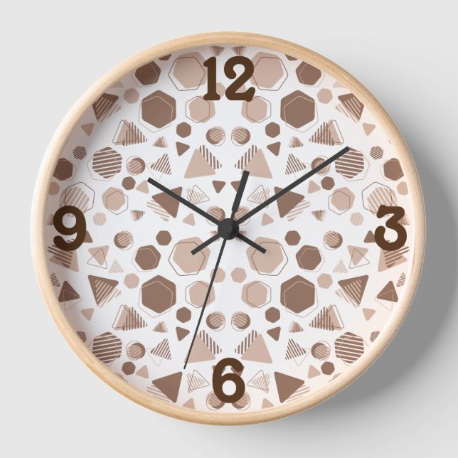 Hexagon & Triangle Pink & Brown on White Pattern  Clock (Front)