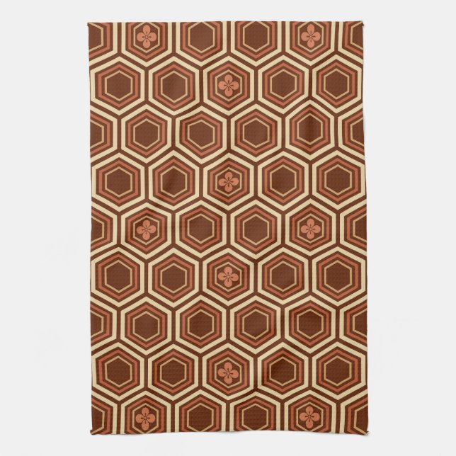Hexagonal Kimono Print, Brown and Beige Kitchen Towel (Vertical)