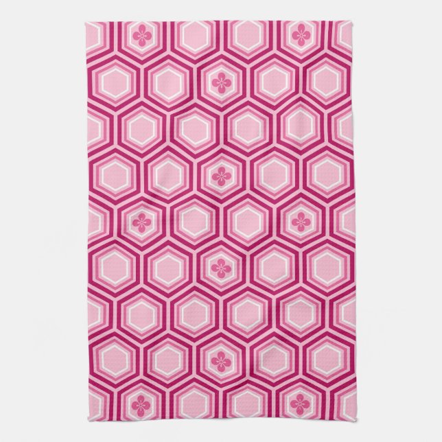 Hexagonal Kimono Print, Burgundy and Pink Kitchen Towel (Vertical)