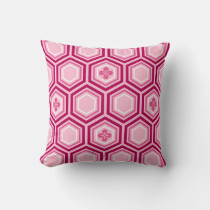 Hexagonal Kimono Print, Burgundy and Pink Throw Pillow