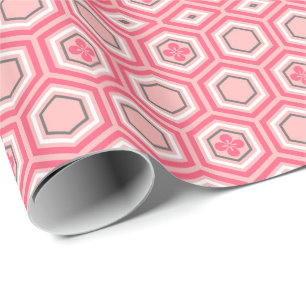 Hexagonal Kimono Print, Coral Pink and White Wrapping Paper