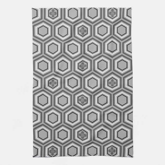 Hexagonal Kimono Print, Grey / Grey and White Kitchen Towel (Vertical)