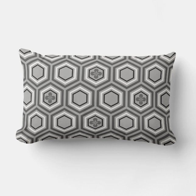 Hexagonal Kimono Print, Grey / Grey and White Lumbar Pillow (Front)
