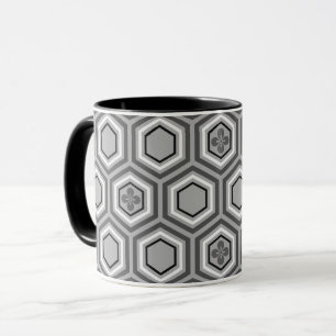 Hexagonal Kimono Print, Grey / Grey and White Mug