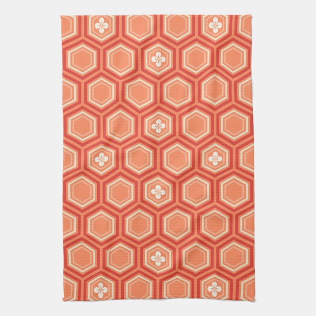 Hexagonal Kimono Print, Mandarin Orange Kitchen Towel (Vertical)