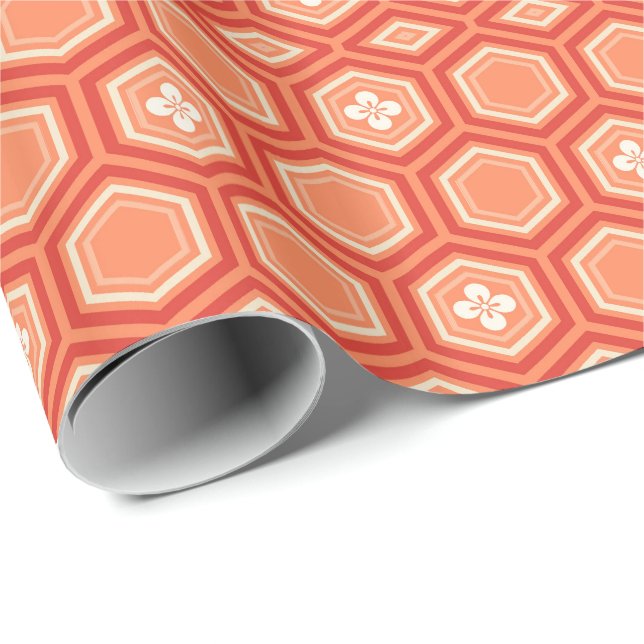 Hexagonal Kimono Print, Mandarin Orange Wrapping Paper (Roll Corner)