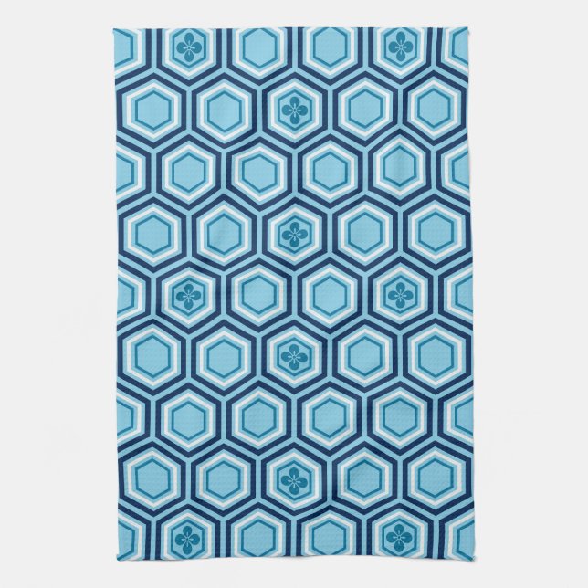Hexagonal Kimono Print, Navy and Light Blue Kitchen Towel (Vertical)