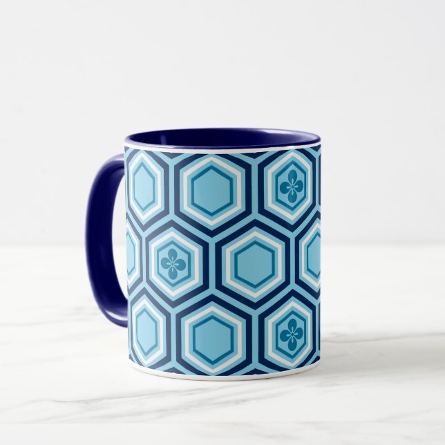 Hexagonal Kimono Print, Navy and Light Blue Mug (Front Left)