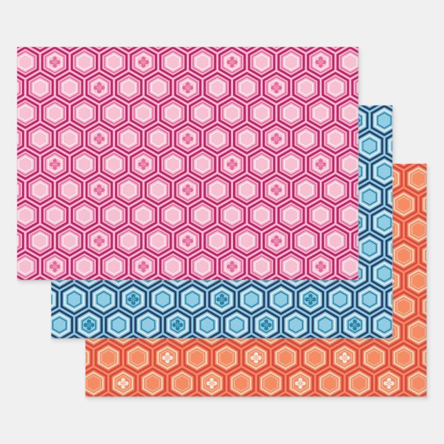 Hexagonal Kimono Print, Pink, Blue, Orange Wrapping Paper Sheet (Set)