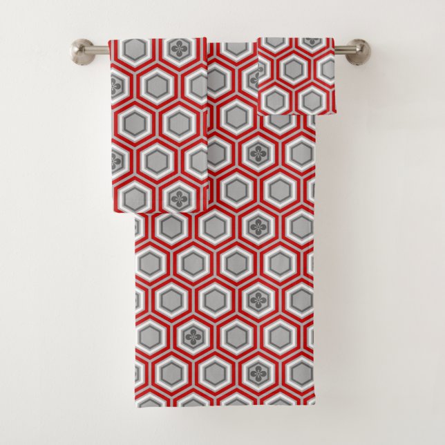 Hexagonal Kimono Print, Red and Gray / Grey Bath Towel Set (Insitu)