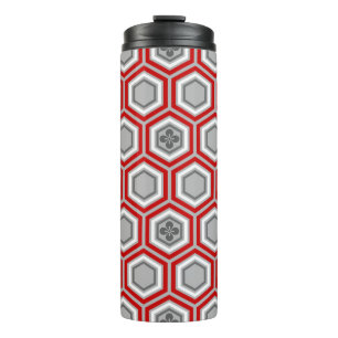 Hexagonal Kimono Print, Red and Gray / Grey Thermal Tumbler