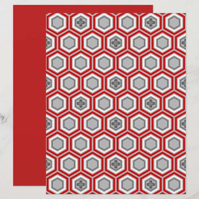 Hexagonal Kimono Print, Red and Grey / Grey (Front/Back)