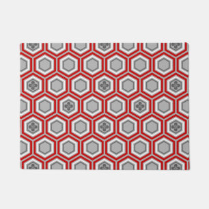 Hexagonal Kimono Print, Red and Grey / Grey Doormat
