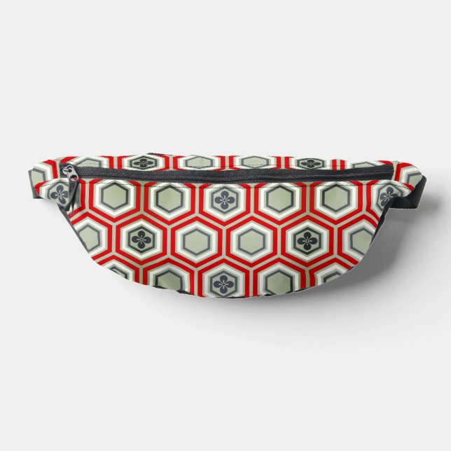 Hexagonal Kimono Print, Red and Grey / Grey Fanny Pack (Lay Down)
