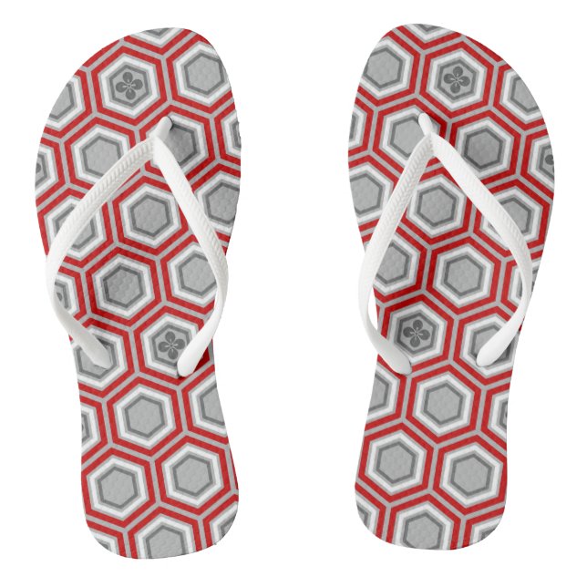 Hexagonal Kimono Print, Red and Grey / Grey Flip Flops (Footbed)
