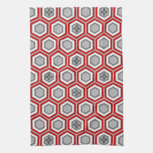 Hexagonal Kimono Print, Red and Grey / Grey Kitchen Towel