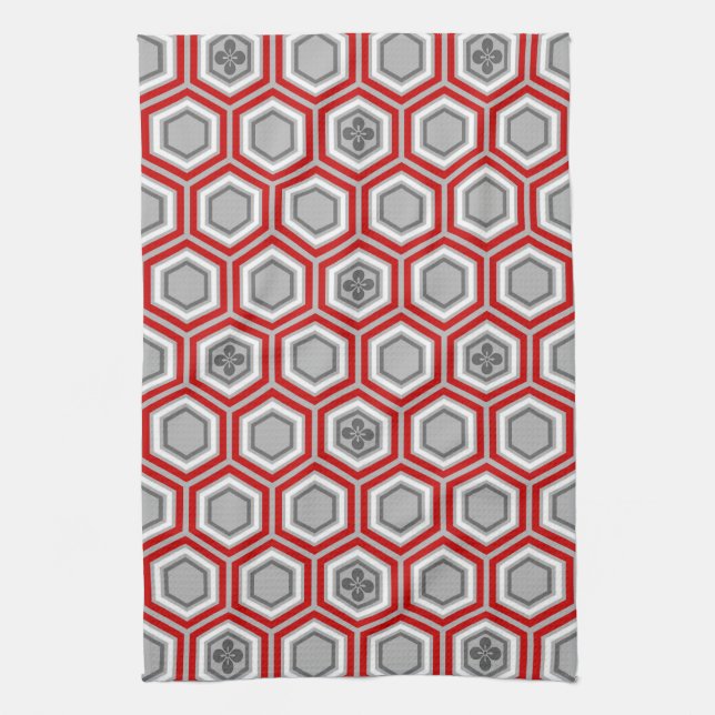 Hexagonal Kimono Print, Red and Grey / Grey Kitchen Towel (Vertical)