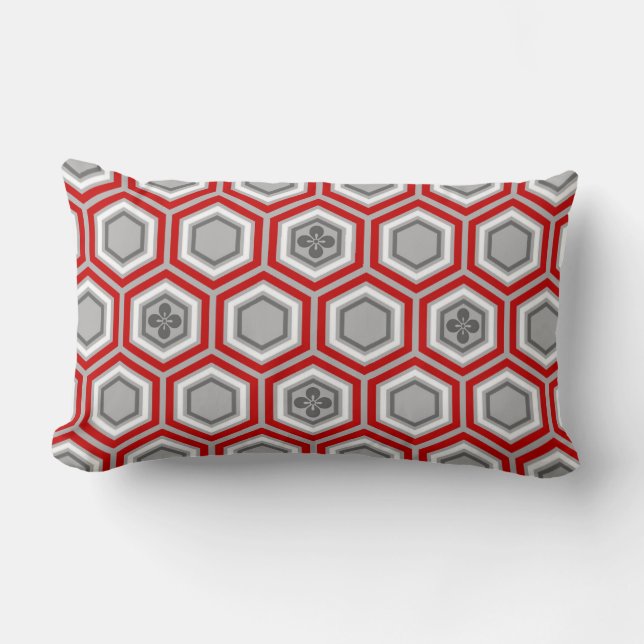 Hexagonal Kimono Print, Red and Grey / Grey Lumbar Pillow (Front)