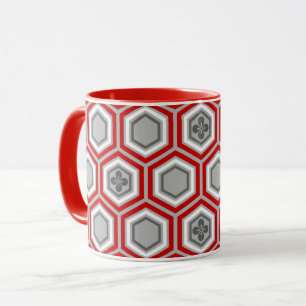 Hexagonal Kimono Print, Red and Grey / Grey Mug