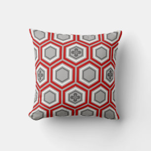 Hexagonal Kimono Print, Red and Grey / Grey Throw Pillow