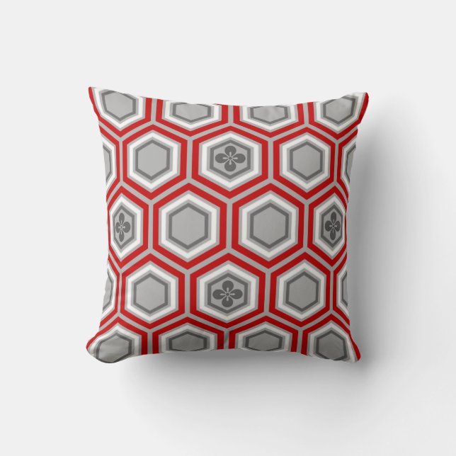Hexagonal Kimono Print, Red and Grey / Grey Throw Pillow (Front)