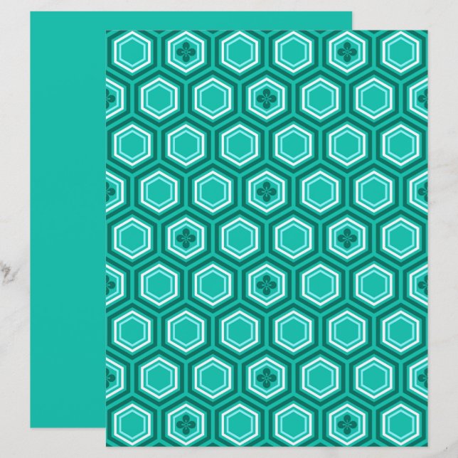 Hexagonal Kimono Print, Teal, Aqua and White (Front/Back)
