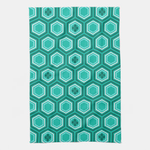 Hexagonal Kimono Print, Teal, Aqua and White Kitchen Towel