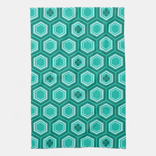 Hexagonal Kimono Print, Teal, Aqua and White Kitchen Towel (Vertical)