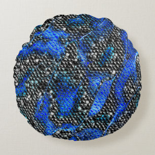 Hexagonal mosaic or blue and grey to black scales round pillow