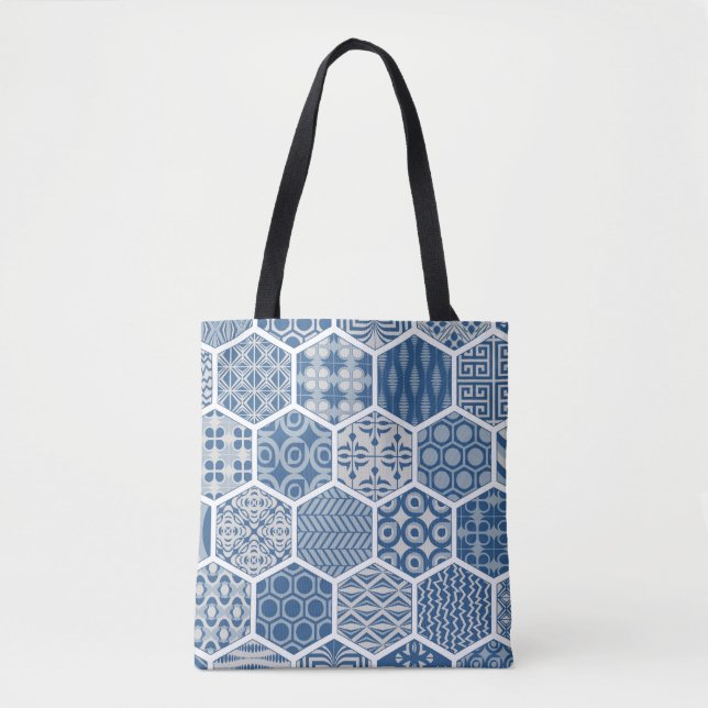 Hexagonal Pattern Tote in Blue & Grey (Front)