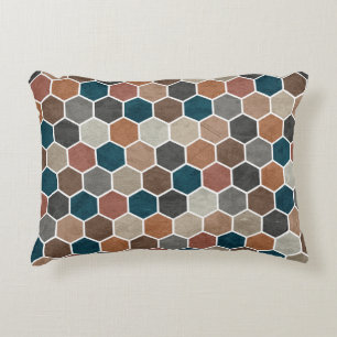 Hexagonal Textured Pattern Blue Brown Grey Accent Pillow