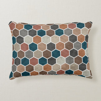 Hexagonal Textured Pattern Blue Brown Grey Accent Pillow