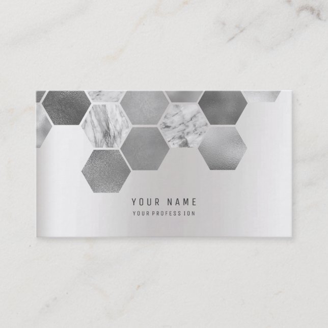 Hexagone Geometical Metallic Marble Silver Grey Business Card (Front)