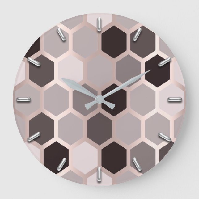 Hexagone Honeycomb Rose Mauve Grey Geometry Large Clock (Front)