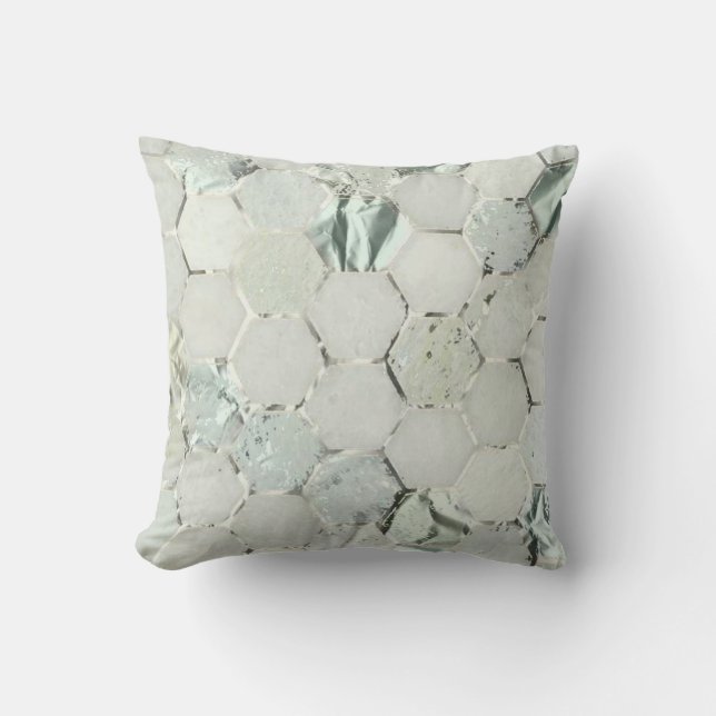 Hexagone Mint Aqua Silver Grey Metal Marble Stone Throw Pillow (Front)