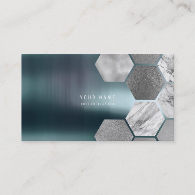 Hexagone Teal Metallic Steel Marble Silver Grey Business Card (Front)