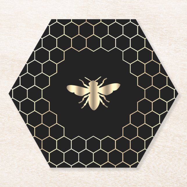 hexagons honeycomb bee design on black paper coaster (Front)