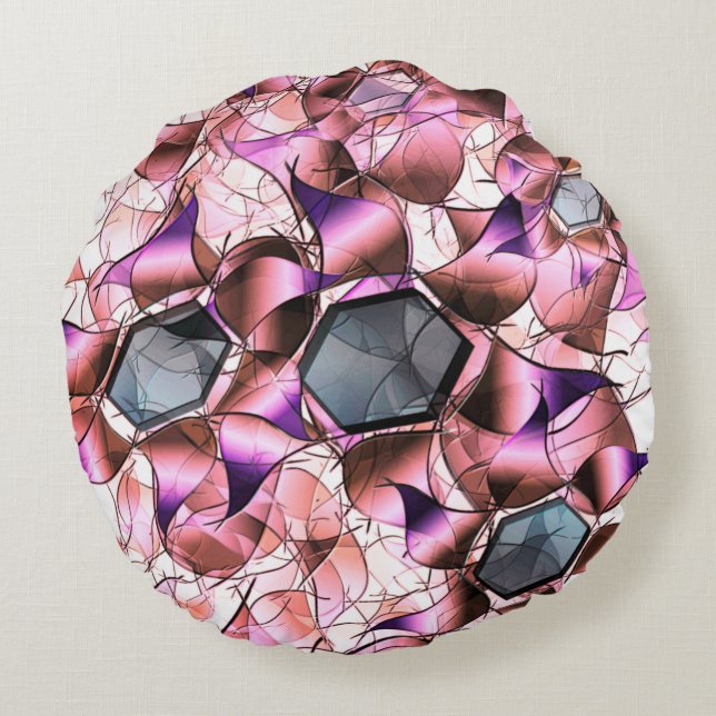 Hexagons surrounded by pinkish petal-like shapes round pillow (Back)