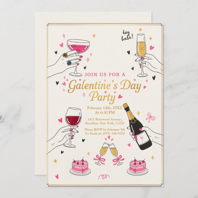 Hey Babe Galentines Party Wine Cake Invitation (Front/Back)